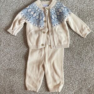 Cream Knit Baby Cardigan & Pants Set with Blue Fair Isle Yoke